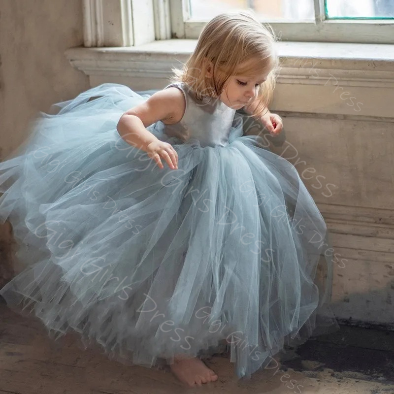 Toddler Girl Tulle Party Dress - فستان فتاة الزهور الزرقاء لحفلات الزفاف