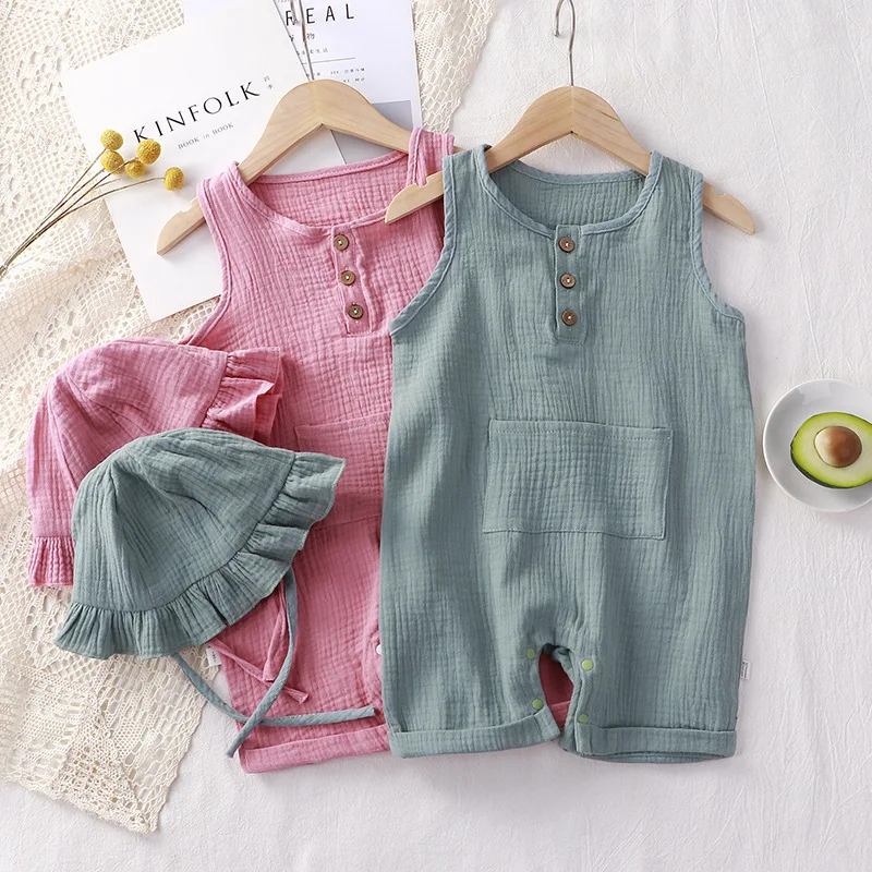 Baby Summer Linen Sleeveless Jumpsuit - 2 قطعة/المجموعة ملابس الصيف الطفل الصلبة