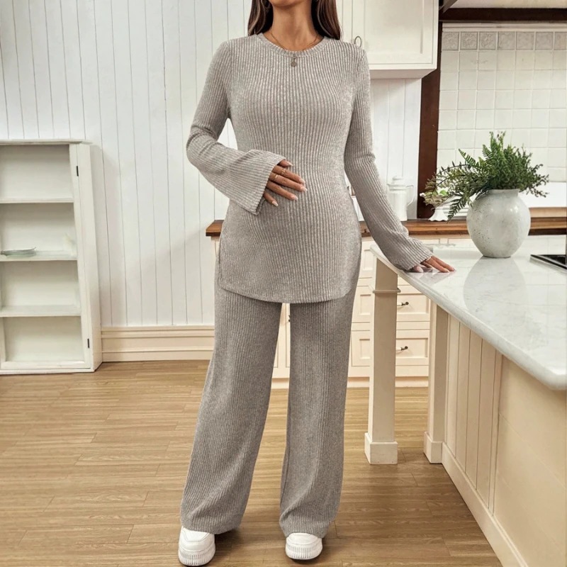 Maternity Wear - بدلة حمل محبوكة بأكمام طويلة وفتحة