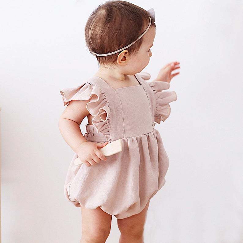 Baby Summer Linen Sleeveless Jumpsuit - رومبير صيفي للبنات الرضع بلون واحد